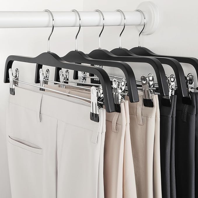 TOPIA HANGER Wooden Pants Hangers, Slim Black Wood Skirt Hangers with Anti-Rust Hook and 2 Adjustable Metal Clips Perfect for Skirts, Pants, Slacks, Shorts, Trouser, Jeans, 20 Pack, CT17B20