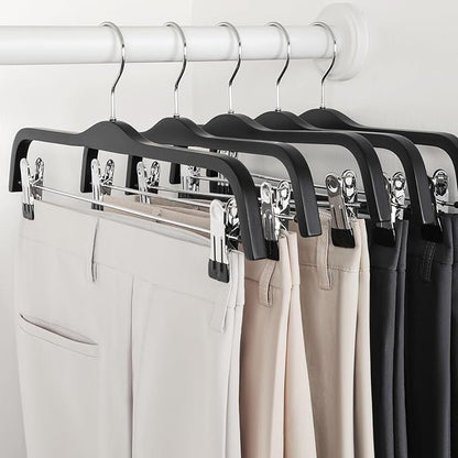 TOPIA HANGER Wooden Pants Hangers, Slim Black Wood Skirt Hangers with Anti-Rust Hook and 2 Adjustable Metal Clips Perfect for Skirts, Pants, Slacks, Shorts, Trouser, Jeans, 20 Pack, CT17B20