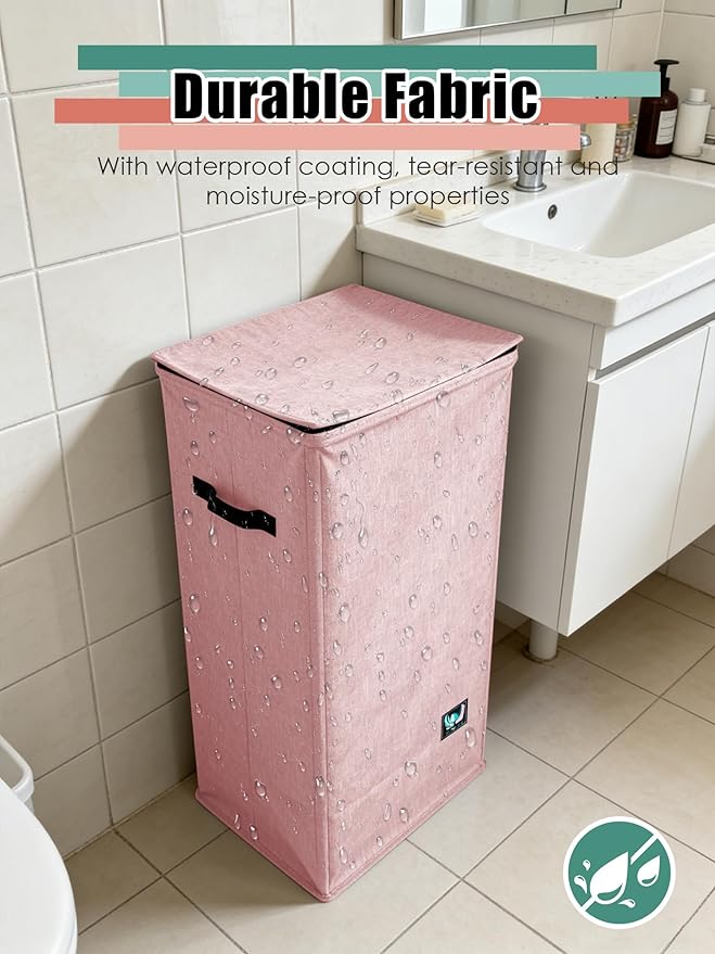 WTREE Laundry Hamper with Lid, Reinforced Sturdy Clothes Hamper with Anti-Puncture Base, Large Collapsible Laundry Basket with Removable Liner Bag, Tall Dirty Clothes Bin for Family, 100L Pink