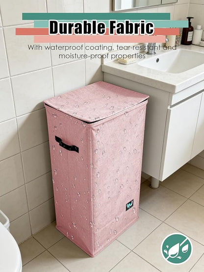 WTREE Laundry Hamper with Lid, Reinforced Sturdy Clothes Hamper with Anti-Puncture Base, Large Collapsible Laundry Basket with Removable Liner Bag, Tall Dirty Clothes Bin for Family, 100L Pink
