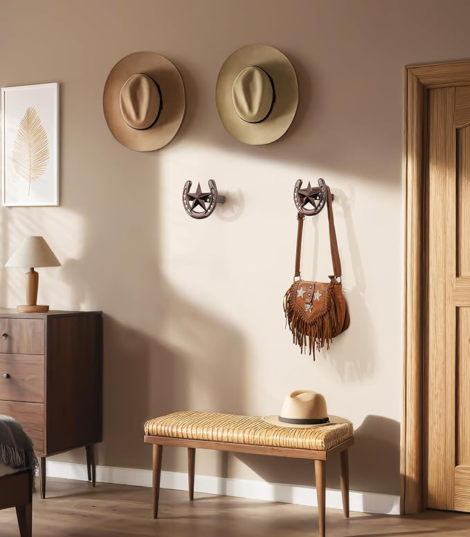 Cowboy Hat Hanger Wall Mount, 4 Pack Cowboy Hat Rack, Metal Horseshoe Hook, Horseshoe Decor, Western Hat Hook for Wall, Hat Holder for Entryway Closet, Bridle Hook for Tack Room, Horse Supplies