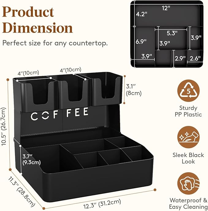 Lifewit 2-tier Coffee Station Organizer Caddy for Countertop, 10 Compartments Coffee Bar Organizers for Cups, Pods, Sugar, Compact Condiment Holders Storage for Office Breakroom Kitchen Home Black