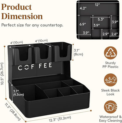 Lifewit 2-tier Coffee Station Organizer Caddy for Countertop, 10 Compartments Coffee Bar Organizers for Cups, Pods, Sugar, Compact Condiment Holders Storage for Office Breakroom Kitchen Home Black