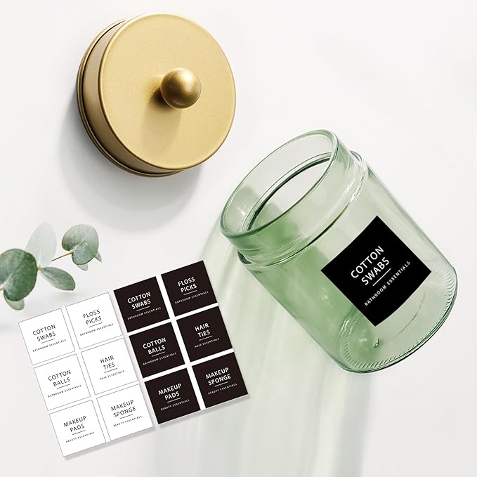 Amolliar Sage Green Apothecary Glass Jar With Metal Lid & Stickers, Bathroom Qtip Holder Storage Canister, Farmhouse Decor for Cotton Balls, Cotton Swabs, Round Pads, Bath Salt, Floss,Gold 4 Pack