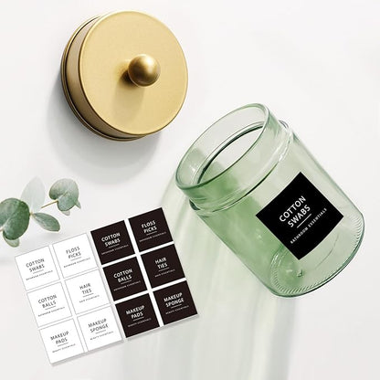 Amolliar Sage Green Apothecary Glass Jar With Metal Lid & Stickers, Bathroom Qtip Holder Storage Canister, Farmhouse Decor for Cotton Balls, Cotton Swabs, Round Pads, Bath Salt, Floss,Gold 4 Pack