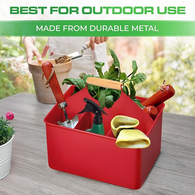 Plexon Metal Utensil Caddy With Handle - Farmhouse Rustic Kitchen Utensil Holder for Party Picnic Table Garden - Tool Cutlery Flatware Silverware Caddy Organizer Storage, Red