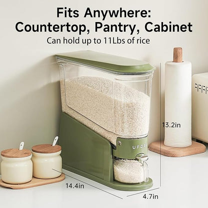 UFORU Rice Dispenser 11Lbs, Slim Rice Storage Container for Small Space, BPA-Free Clear Dry Food Dispenser Sealed Moisture Proof, Grain&Cereal Storage Bucket for Kitchen Pantry Household,Green