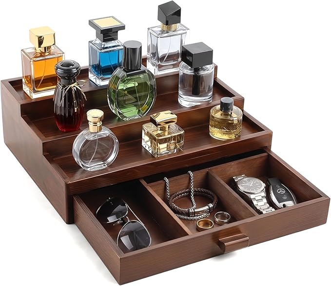 Wooden Cologne Organizer for Men 3 Tier Perfume Stand Organizer with Drawer and Hidden Compartment Cologne Display Riser Shelf Holder for Dresser Figures Fragrances Skincare Makeup Storage (Brown)
