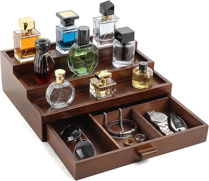 Wooden Cologne Organizer for Men 3 Tier Perfume Stand Organizer with Drawer and Hidden Compartment Cologne Display Riser Shelf Holder for Dresser Figures Fragrances Skincare Makeup Storage (Brown)