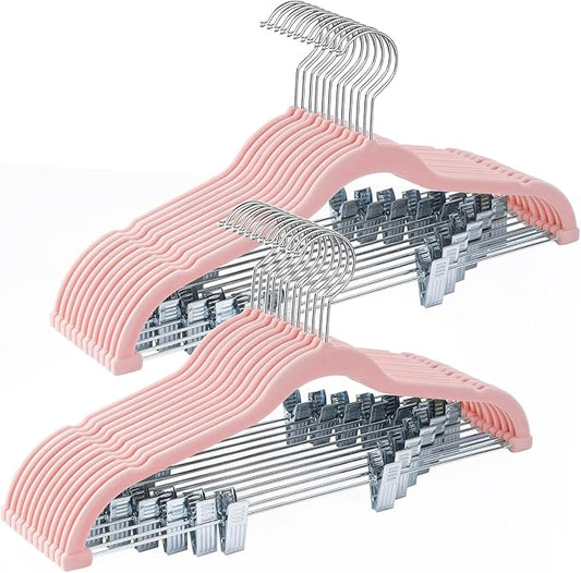 24-Pack Blush Pink Velvet Hangers with Clips Adjustable,Adult Hangers,Heavy-Duty,Felt,Non-Slip,Space Saving,Slim Outfit Hanger for Pants, Skirts, Suits,Coats, Dresses ect.