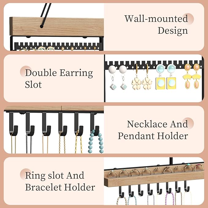 Feyejade Large Rotating Hanging Jewelry Organizer, 5-Tier Earring Holder Storage Holds up to 180 Pairs, Wall Mounted Jewelry Rack for Earrings, Necklaces, Bracelets and Rings, for Girls, Black