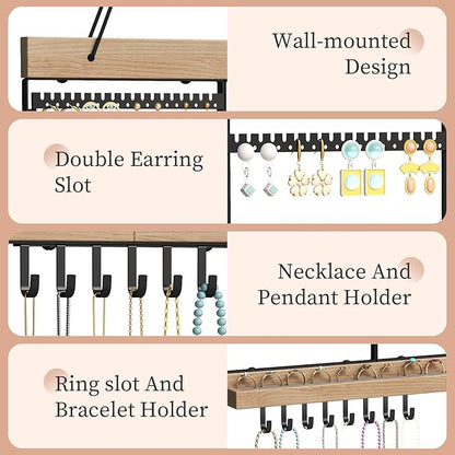 Feyejade Large Rotating Hanging Jewelry Organizer, 5-Tier Earring Holder Storage Holds up to 180 Pairs, Wall Mounted Jewelry Rack for Earrings, Necklaces, Bracelets and Rings, for Girls, Black