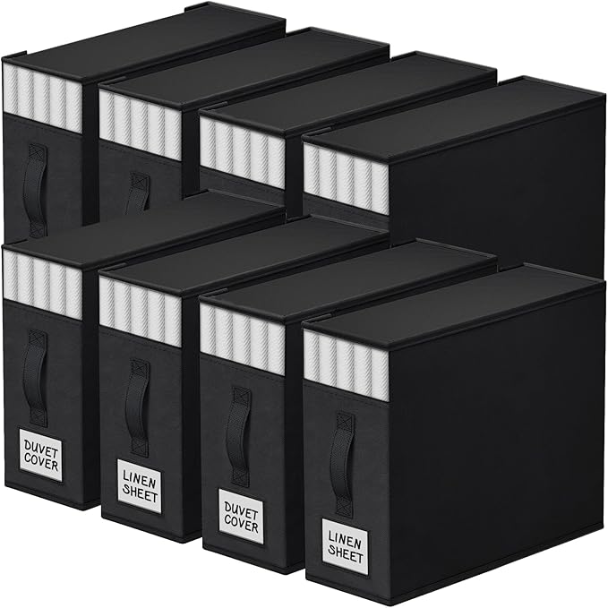 StorageTastic 8 Pack Bed Sheet Closet Organizers and Storage,Sturdy Foldable Storage Containers with Window and Label,Storage and Organization for Bedding Sheets,Duvet Covers,Blankets (Black)