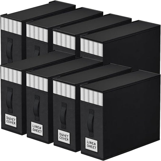 StorageTastic 8 Pack Bed Sheet Closet Organizers and Storage,Sturdy Foldable Storage Containers with Window and Label,Storage and Organization for Bedding Sheets,Duvet Covers,Blankets (Black)