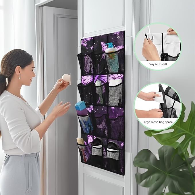 Generic Purple Butterfly Door Storage Organizer Elastic Over The Door Pantry Organizer Spandex Fabric Is Not Only Flexible But Also Allows The Bag to Fit Into Any Space Behind The Door