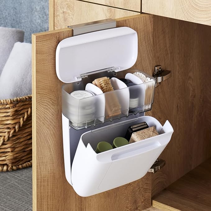 YouCopia DoorStash Toiletry Organizer, Hanging Bathroom Cabinet Door Organizer with 3 Adjustable Compartments and Covered Lid for Accessory Organization