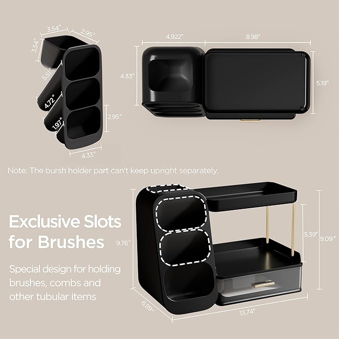 HBlife Bathroom Organizers and Storage with Brush Holder for Vanity, 3 Tier Plastic Makeup Organizer for Dresser Counter, Skincare, Lipstick, Perfume, and Cosmetic Storage, Black