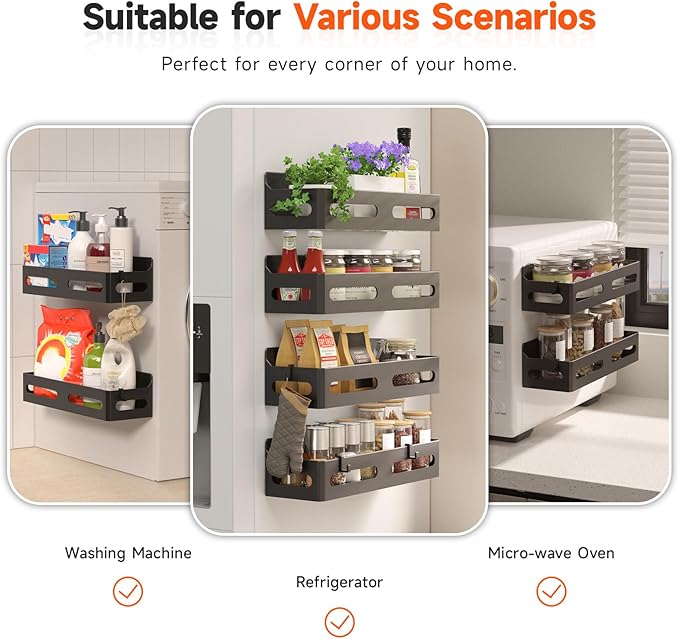 Sevenblue 2 Pack Strong Magnetic Spice Rack for Refrigerator, Multipurpose Magnetic Shelf for Fridge with 4 Hooks for kitchen and Bathroom Organization, Black