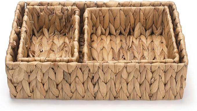 3 Pack Wicker Storage Basket, Natural Woven Water Hyacinth Storage Basket for Shelf Organizing