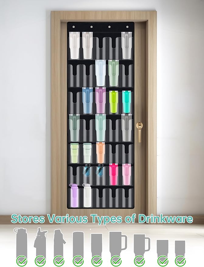 NiHome 35-Pocket Large Capacity Door Cup Organizer Fit for Stanley Tumblers 30oz, 40oz, Door Hanging Water Bottle Storage with Double-Sided Tape Stabilizer, Waterproof Oxford Fabric, Transparent