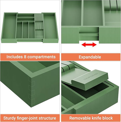 TIOPGHAD Bamboo-Silverware-Drawer-Organizer-Kitchen, Expandable Utensil Holder Cutlery Tray Flatware Organization Adjustable Wood Tableware Dividers Storage (with Removable Knife Block)(Grayish Green)