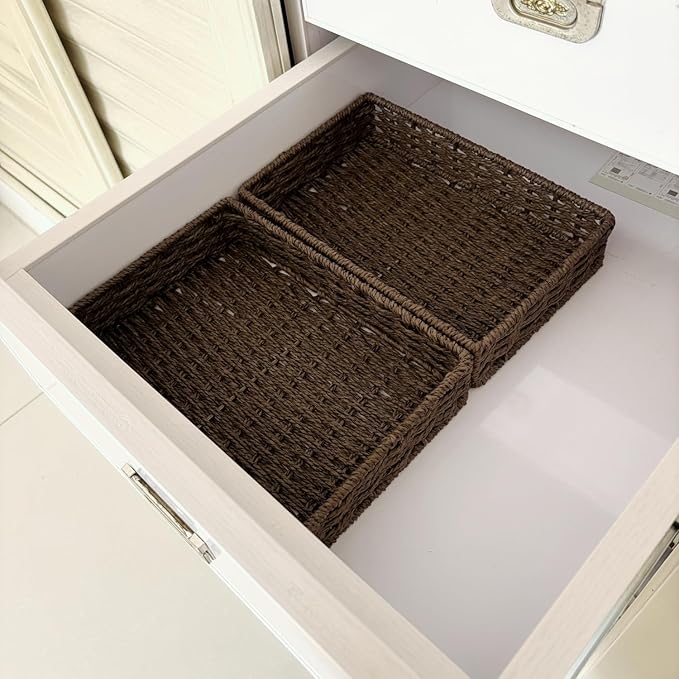 Small Woven Paper Rope Baskets for Storage(4PCS), Basket Tray for Drawer,Shelves,Closet Organizing & Decor (Dark Brown)