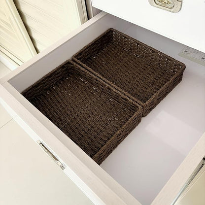 Small Woven Paper Rope Baskets for Storage(4PCS), Basket Tray for Drawer,Shelves,Closet Organizing & Decor (Dark Brown)