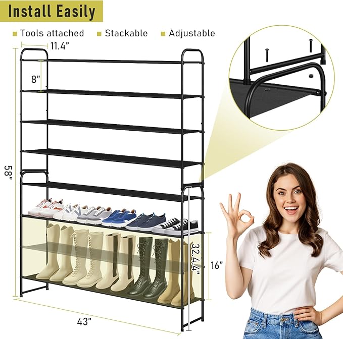 MISSLO 4 Tier Long Shoe Organizer for Closet Shoe Rack for Bedroom Closet Floor Shoe Shelf for Entryway Storage Stackable Wide Shoe Shelf Stores 30 Pairs of Men Sneakers, Black