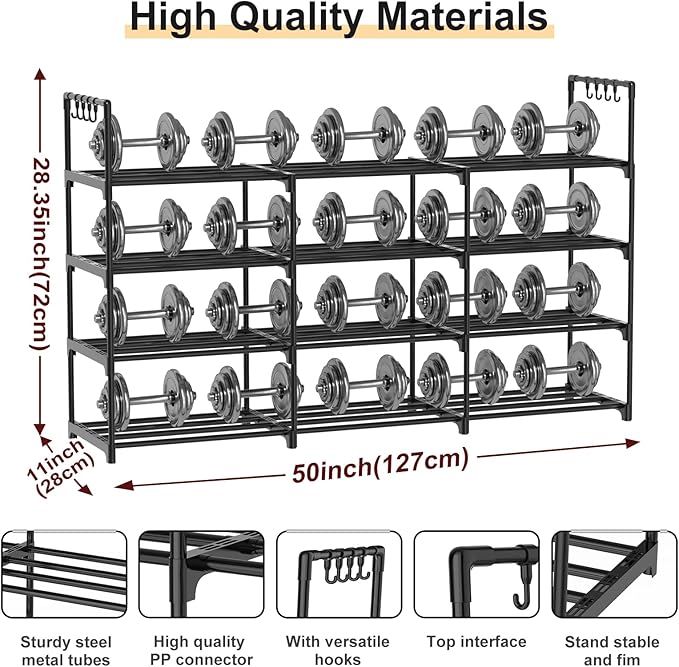 3 Row 4 Tier Long Shoe Rack, Black Metal Stackable Shoe Shelf with Multifunctional Hooks, Shoe Storage Hold 24-30 Pairs, Space Saving Shoe Organizer for Closet,Wide Shoe Rack