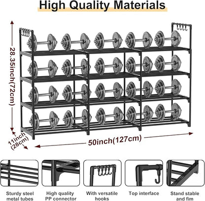 3 Row 4 Tier Long Shoe Rack, Black Metal Stackable Shoe Shelf with Multifunctional Hooks, Shoe Storage Hold 24-30 Pairs, Space Saving Shoe Organizer for Closet,Wide Shoe Rack
