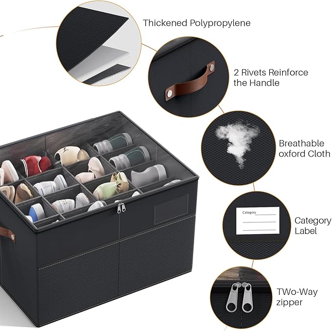 MIFXIN Shoes Organizer for Closet Fit 16 Pairs Large Shoe Box Storage Container Shoe Storage Bin with Clear Cover & Reinforced Handles, Space Saving Shoes Container (Black)
