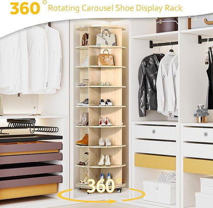 8 Tier Rotating Shoe Rack, Shoe Tower Organizer with 4 Universal Casters, Spinning Lazy Susan Display Storage Rack Round Carousel Vertical Handbag Closet (Natural, 23.6’’×23.6’’×74’’)