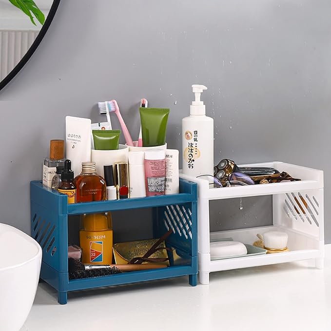 Bathroom Counter Organizer 2 Tier Kitchen Countertop Organizer Spice Rack Storage Shelf,Plastic Tabletop Perfume Cosmetic Holder Vanity Tray for Bedroom,Dressing Table,Office Supplies (Blue)