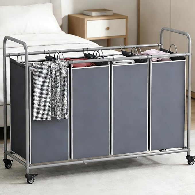 Laundry Basket, 4-Bag Laundry Hamper, Grey Laundry Sorter with Heavy Duty Lockable Rolling Wheels, Laundry Room Organization with Removable Bags Basket Separator for Dirty Clothes Storage