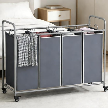 Laundry Basket, 4-Bag Laundry Hamper, Grey Laundry Sorter with Heavy Duty Lockable Rolling Wheels, Laundry Room Organization with Removable Bags Basket Separator for Dirty Clothes Storage