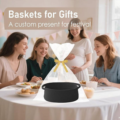 JMvicyroam Woven Basket,Small Rope Storage Bin with Handles & Ribbon Bag, Organizer for Shelves Closets,Gift Basket Empty for Birthday,Books,Dog Toys, Black