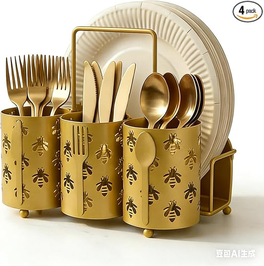 NelyBet Bee Utensil Caddy Silverware Holder Fork Spoon Napkin Paper Plate Organizer Metal Utensil Holder Cutlery Flatware Organizers for Party Kitchen Countertop Camping Picnic - Gold