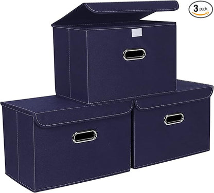 STOREONE Fabric Storage Cube Bins Foldable Organizer Container Collapsible Basket with Lids and Metal Handles, for Home, Bedroom, Closet 3 Pcs (Navy Blue)
