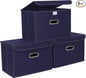 STOREONE Fabric Storage Cube Bins Foldable Organizer Container Collapsible Basket with Lids and Metal Handles, for Home, Bedroom, Closet 3 Pcs (Navy Blue)