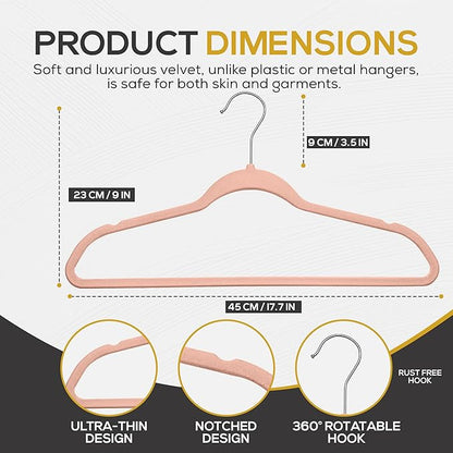 Techzoo 50 Pack New Premium Quality Velvet Hangers Ultra Thin Non Slip Adult Felt Space Saving Hangers for Closet Heavy Duty Coat Pants Jackets Dress Hangers 360° Swivel Hook Hold Upto 10lbs Rose Gold