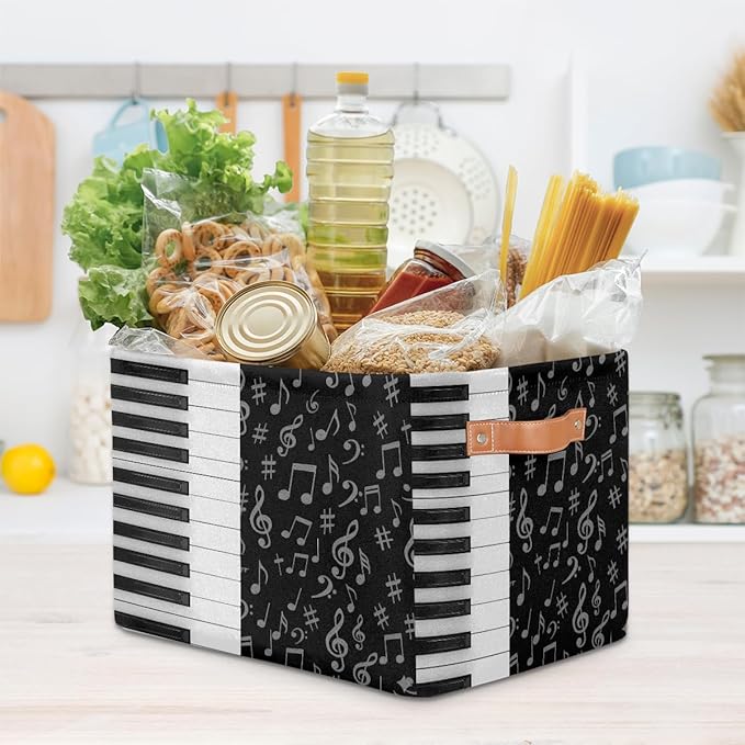 AUUXVA Storage Basket Piano Keyboard Music Note Storage Cube Box Durable Canvas Collapsible Toy Basket Organizer Bin with Handles for Shelf Closet Bedroom Home Office