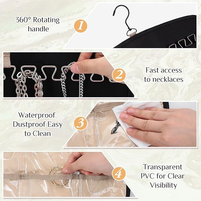 4 Pack Hanging Jewelry Organizer Storage with 39 Pockets, 30 Necklace Hooks Double Sided Wall Mount Earring Holder Organizer Bracelet Necklace Jewelry Display Hanger for Closet Door (Black)
