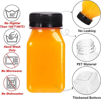 Moretoes 6pcs 4oz Plastic Juice Shot Bottles with Caps, Clear Empty Reusable Ginger Shots Bottles, Disposable Plastics Containers with Lids for Juicing Smoothies, Milk, and Other Beverages