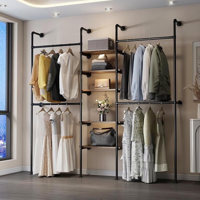 Industrial Pipe Clothing Racks with 5 Shelves, Wall Mounted Clothes Rack for Hanging Clothes, Black Wall Clothing Rack, Heavy Duty Clothes Rack for Walk in Closet, Laundry Room