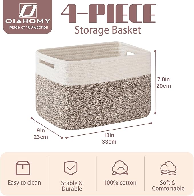 OIAHOMY 4 Pack Storage Baskets for Organizing, Basket for Shelves with Handle, Woven Baskets for Storage Toys, Towels, Books, Cotton Rope Basket 13" L x 9 " W x 7.8 " H, Deep Brown & White