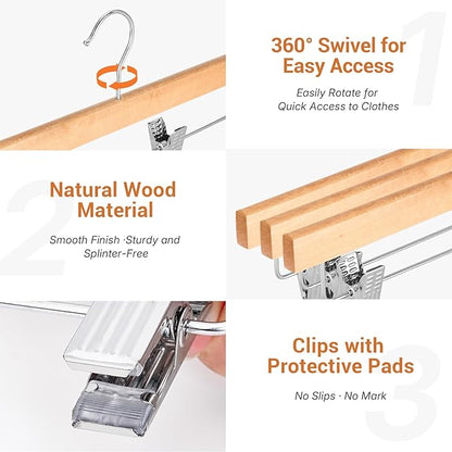 HOUSE DAY Premium Wooden Pants Hangers 25 Pack, Solid Lotus Wood Skirt Hangers with 2-Adjustable Clips, Heavy Duty & Anti Slip Wood Bottom Hanger for Slacks, Jeans, Trousers, Shorts (Natural)