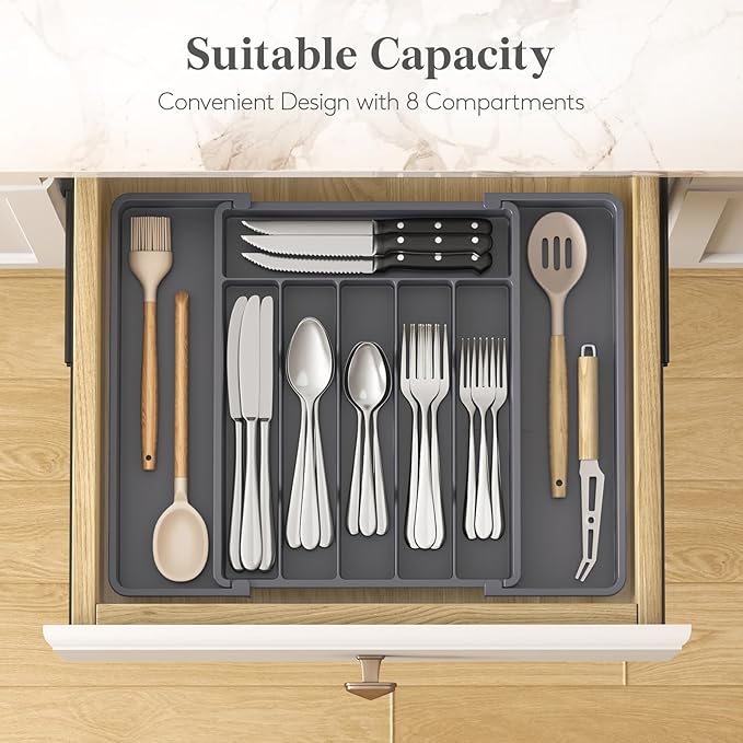 Lifewit Silverware Drawer Organizer, Expandable Utensil Tray for Kitchen, BPA Free Flatware and Cutlery Holder, Adjustable Plastic Storage for Spoons Forks Knives, 10.9"-17.5" x 13.7", Dark Grey