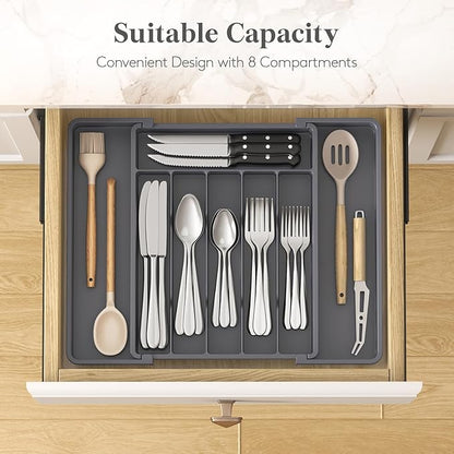 Lifewit Silverware Drawer Organizer, Expandable Utensil Tray for Kitchen, BPA Free Flatware and Cutlery Holder, Adjustable Plastic Storage for Spoons Forks Knives, 10.9"-17.5" x 13.7", Dark Grey