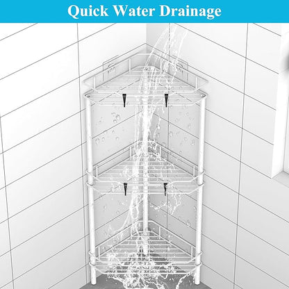 HuggieGems 3 Tier Floor Standing Corner Shower Caddy Organizer Shelf with Hooks, Bathroom Shelves Stand Rack, White