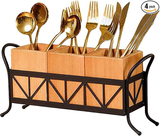 Garvee Acacia Wood Utensil Holder, Waterproof Wooden Flatware Caddy Silverware Holder with 3 Detachable Compartments & Handles, Fork Spoon Knife Organizer for Party BBQ